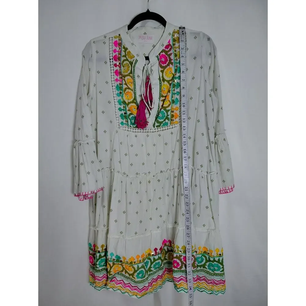 Miss June Paris White Boho Bell Sleeve Tiered Dress See Measurements